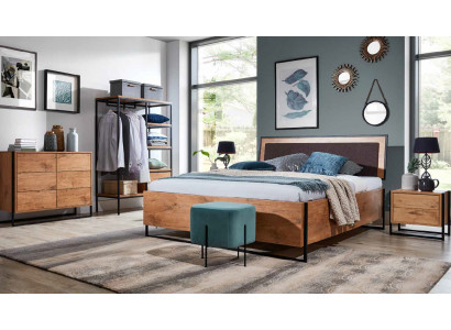 5 tlg. Komplett Set Holz Schlafzimmer Loft Stil Design Bett Kommode Schrank